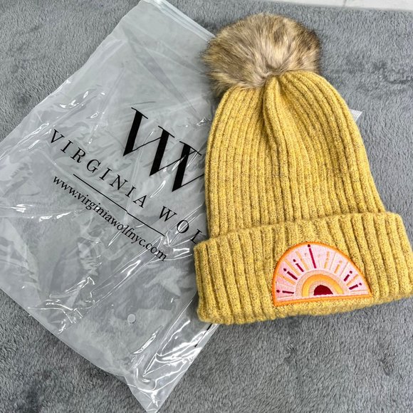 Virginia Wolf Sunray Beanie Hat Faux Fur Snap on Pom Gold Mustard Knit Beachly - Picture 2 of 5